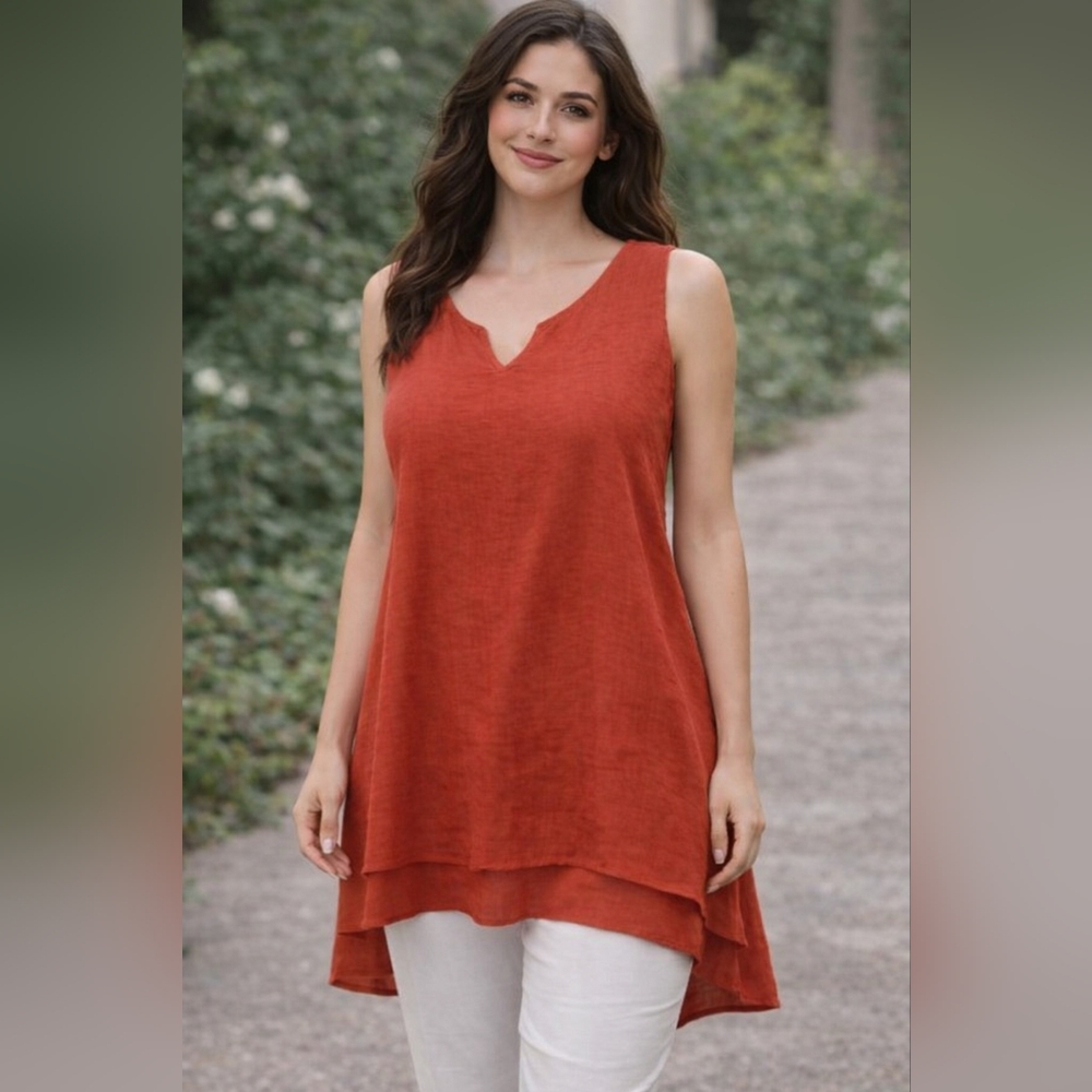 Cristina B. Coral Flowy High-Low Tunic Top L–XL Resort Boho